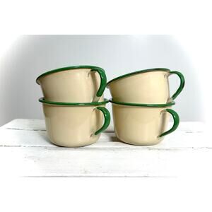 50s Enamelware Coffee Mugs Set of 4 Cream n Green Farmhouse or Cabincore Decor